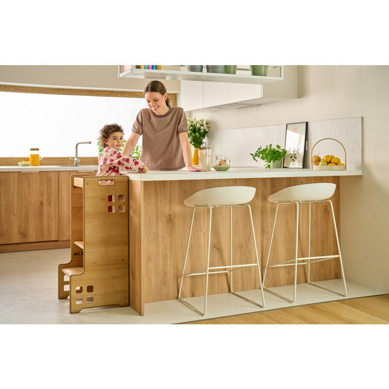 Turn de invatare Montessori, Lionelo, Cass, Functie de raft pentru carti, Pana la 30 kg, 12 luni - 6 ani, Din MDF si furnir, 3 trepte de inaltime, Natur