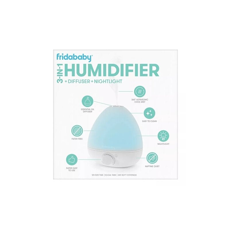 Umidificator, Fridababy, BreatheFrida, Cu ultrasunete 3 in 1, Ultra silentios, Include difuzor de uleiuri esentiale si lumina de veghe, Cu oprire automata, Rezervor BPA Free, Alb