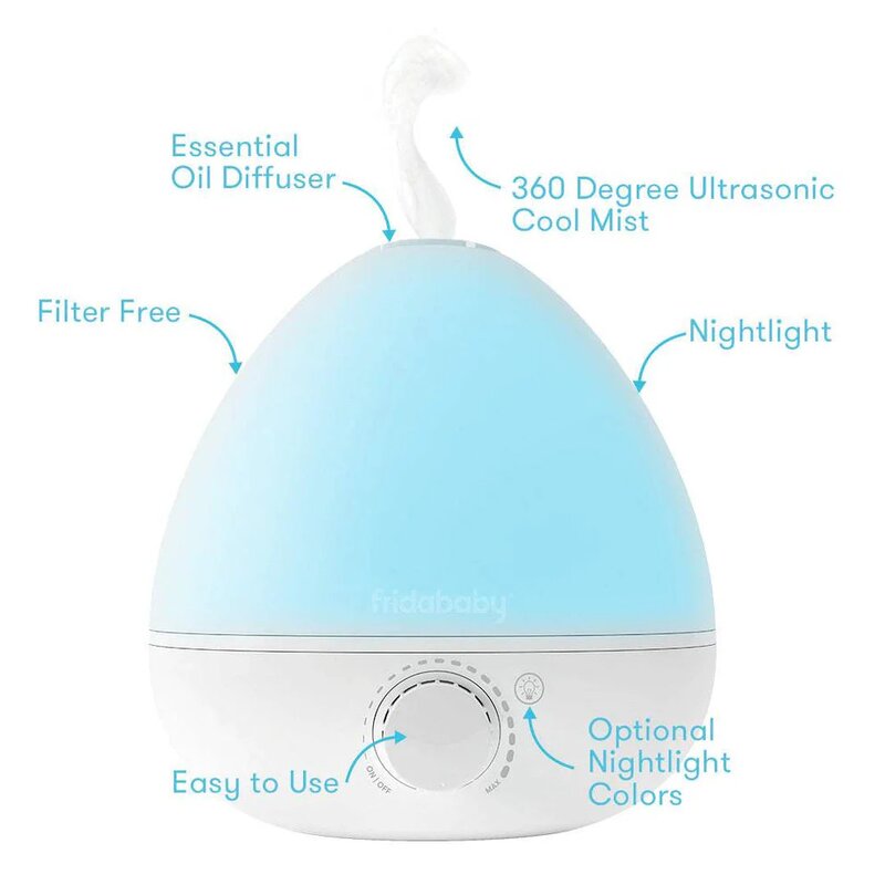 Umidificator, Fridababy, BreatheFrida, Cu ultrasunete 3 in 1, Ultra silentios, Include difuzor de uleiuri esentiale si lumina de veghe, Cu oprire automata, Rezervor BPA Free, Alb
