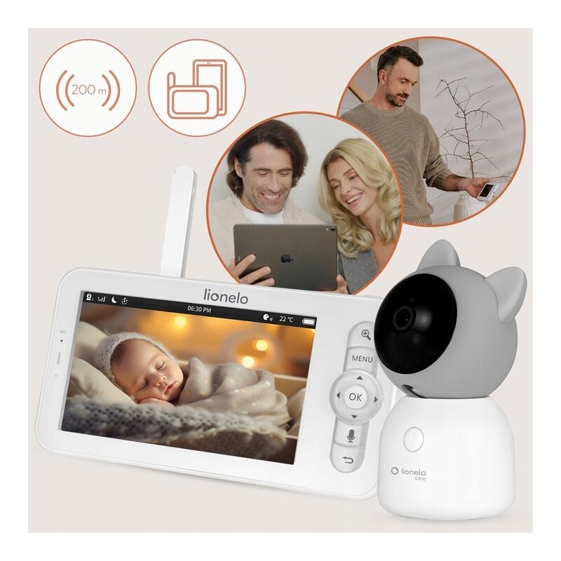 Video monitor, Lionelo, Babyline 9.2. AI, 5 inch, Camera Full HD, Zoom digital 4x, Aplicatie, Tehnologia AI cu detectare a miscarii, Recunoasterea motivului plansului, Melodii, Zgomote albe, Mod nocturn, Alb