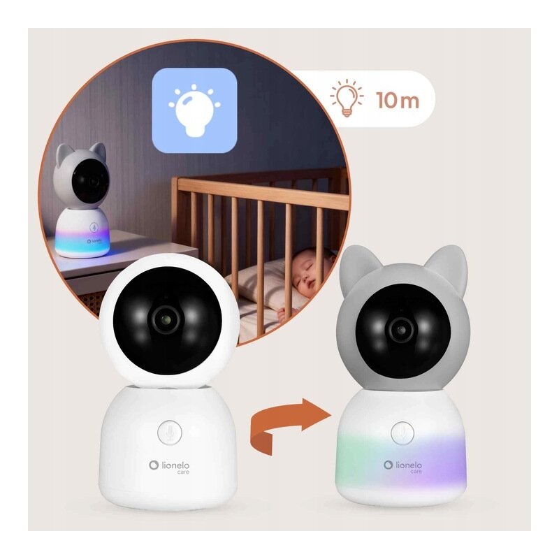 Video monitor, Lionelo, Babyline 9.2. AI, 5 inch, Camera Full HD, Zoom digital 4x, Aplicatie, Tehnologia AI cu detectare a miscarii, Recunoasterea motivului plansului, Melodii, Zgomote albe, Mod nocturn, Alb