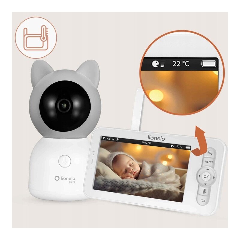 Video monitor, Lionelo, Babyline 9.2. AI, 5 inch, Camera Full HD, Zoom digital 4x, Aplicatie, Tehnologia AI cu detectare a miscarii, Recunoasterea motivului plansului, Melodii, Zgomote albe, Mod nocturn, Alb