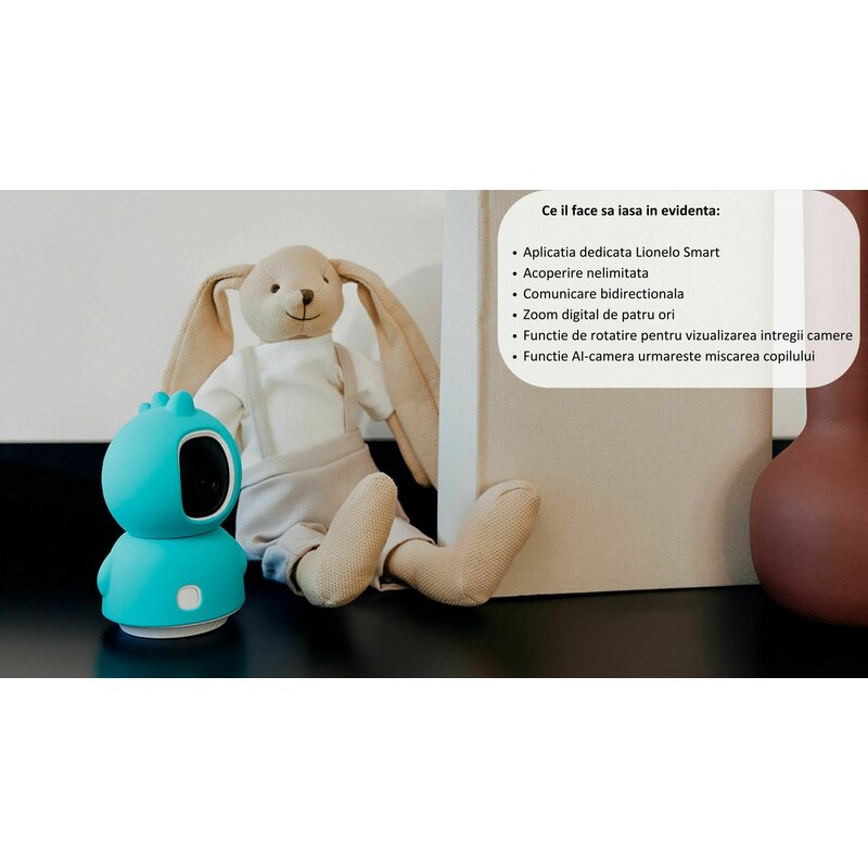 Video monitor, Lionelo, Babyline, View, Cu aplicatia dedicata Lionelo Smart, Integrare AI, Mod de noapte 8 m cu 6 leduri, Unghi 100 grade, 4 cantece si zgomote din natura, Senzor de temperatura si umiditate, Zoom 4X, Alb