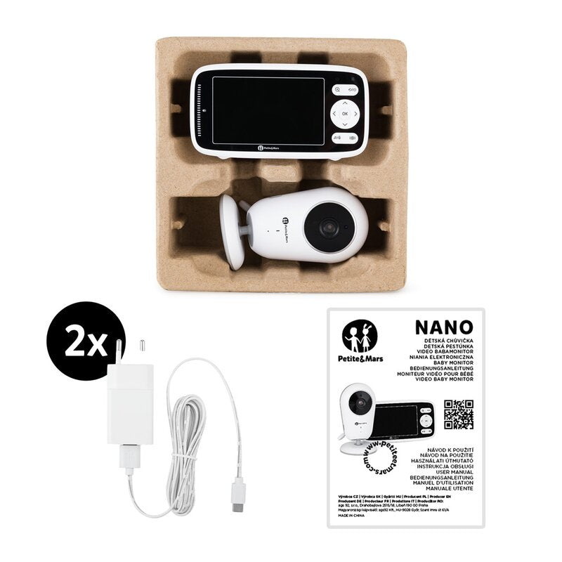 Video monitor, Petite&Mars, Nano 4.0, Ecran HD, Zoom digital 3Ã—, Raza de actiune 300m, Suport pentru pana la 4 camere, Comunicare bidirectionala, 8 melodii, Alb