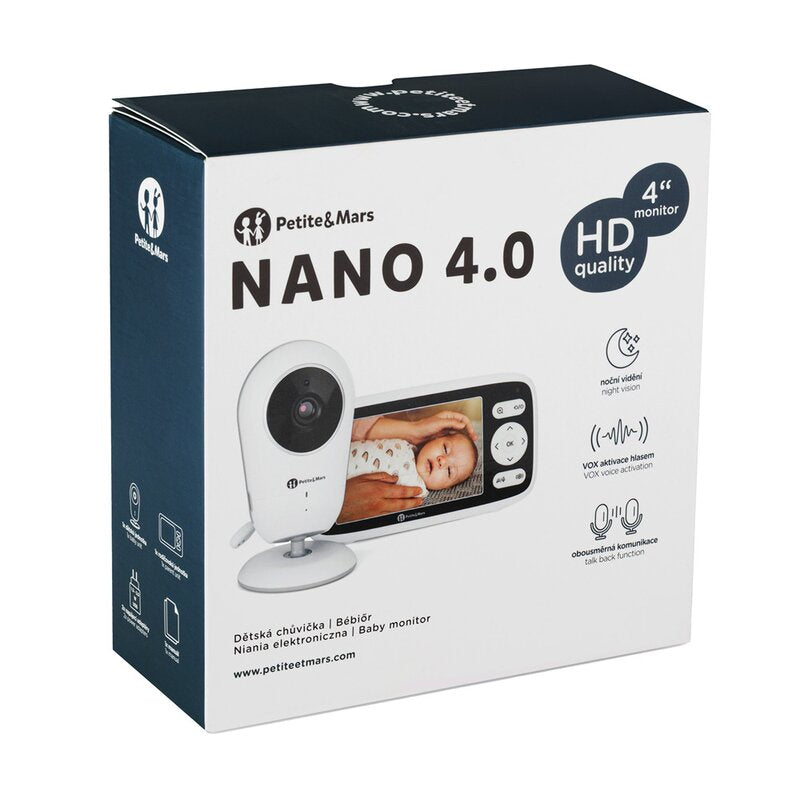 Video monitor, Petite&Mars, Nano 4.0, Ecran HD, Zoom digital 3Ã—, Raza de actiune 300m, Suport pentru pana la 4 camere, Comunicare bidirectionala, 8 melodii, Alb