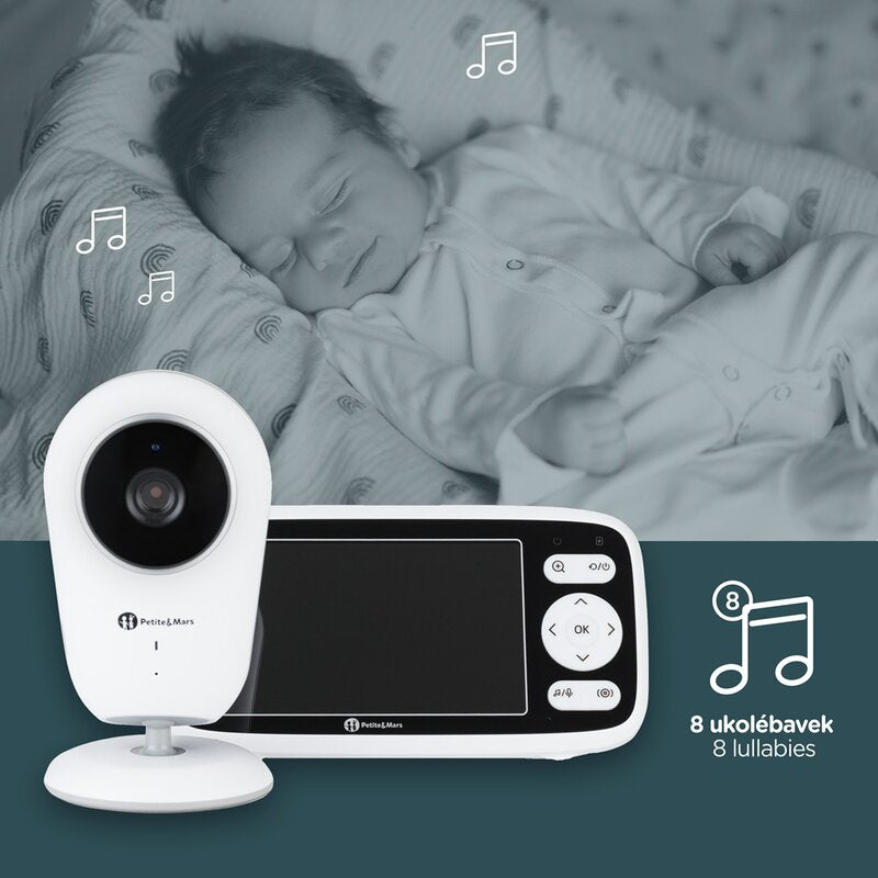 Video monitor, Petite&Mars, Nano 4.0, Ecran HD, Zoom digital 3Ã—, Raza de actiune 300m, Suport pentru pana la 4 camere, Comunicare bidirectionala, 8 melodii, Alb