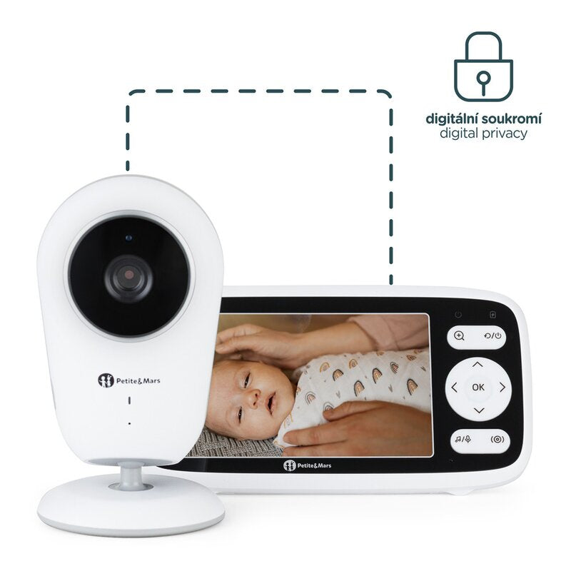 Video monitor, Petite&Mars, Nano 4.0, Ecran HD, Zoom digital 3Ã—, Raza de actiune 300m, Suport pentru pana la 4 camere, Comunicare bidirectionala, 8 melodii, Alb