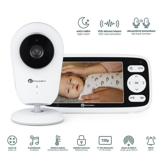 Video monitor, Petite&Mars, Nano 4.0, Ecran HD, Zoom digital 3Ã—, Raza de actiune 300m, Suport pentru pana la 4 camere, Comunicare bidirectionala, 8 melodii, Alb